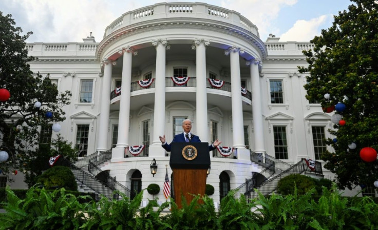 US President Joe Biden speaks during Independence Day celebrations on the South Lawn of the White House
