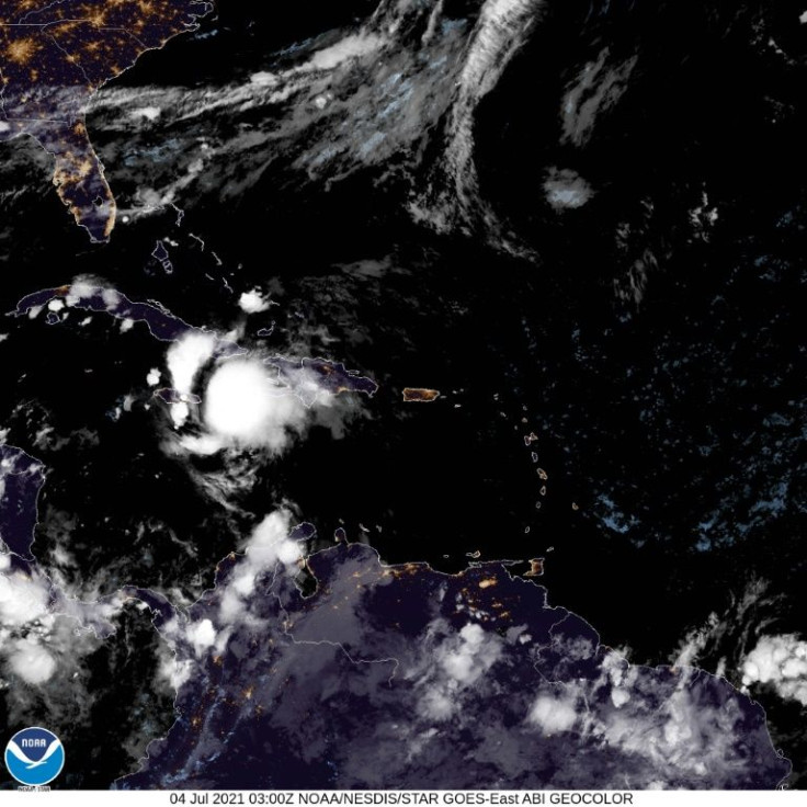 This satellite image from July 4, 2021 shows Tropical Storm Elsa near the southern coast of Haiti