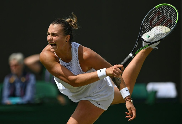Power-packed: Aryna Sabalenka serves against Kazakhstan's Elena Rybakina