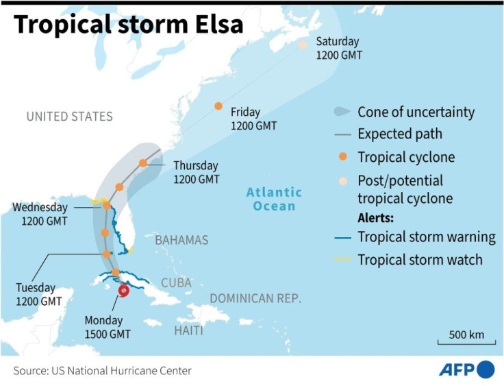 Location and predicted path of the tropical storm Elsa.