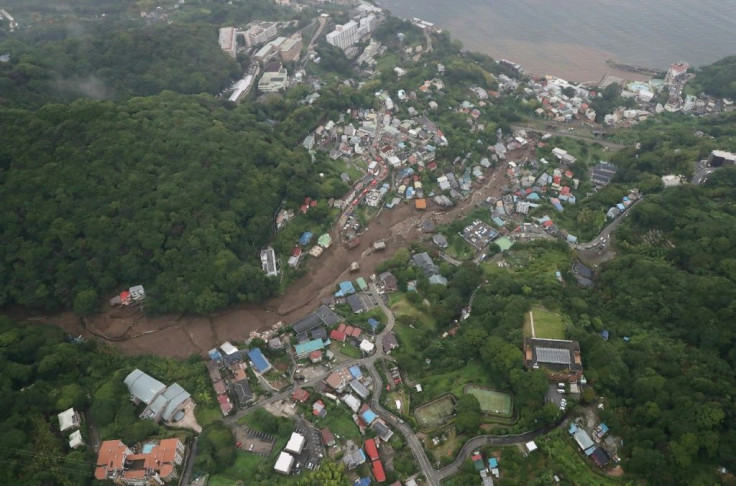An aerial view from a Jiji Press helicopter shows the landslide site in Atami City, Shizuoka