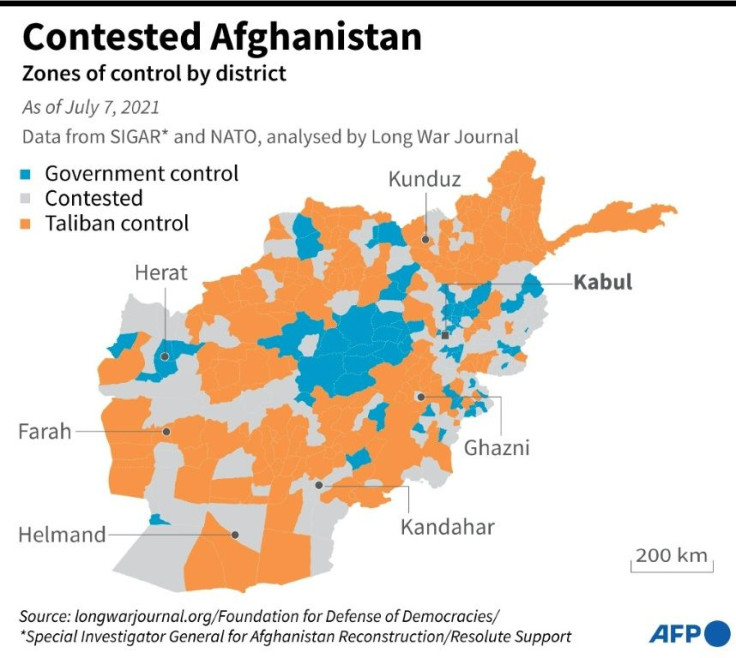 Map showing parts of Afghanistan currently under government control and territories under the influence of the Taliban.