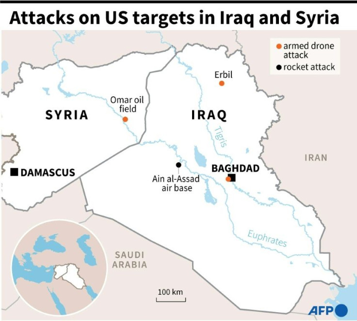 Map locating the Iraqi air base Ain al-Assad, the city of Erbil and the Omar oil field in Syria, sites of recent rocket or drone attacks.