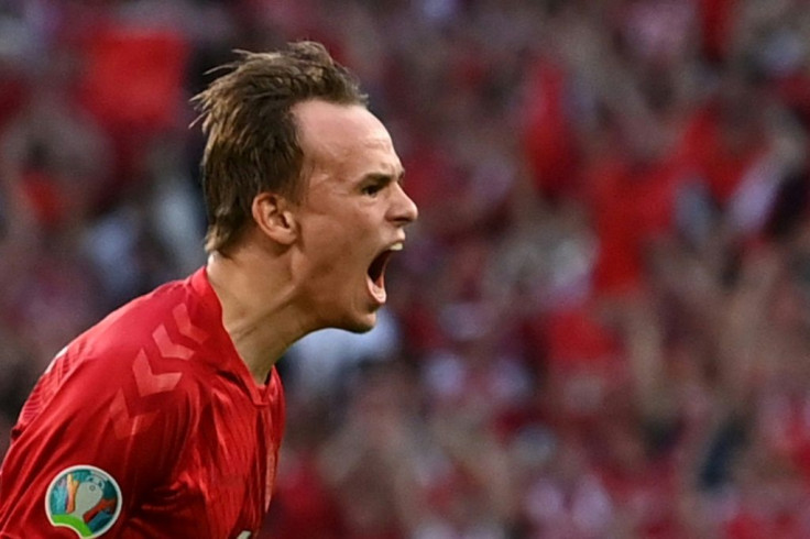 Denmark's Mikkel Damsgaard celebrates his goal against England at Wembley