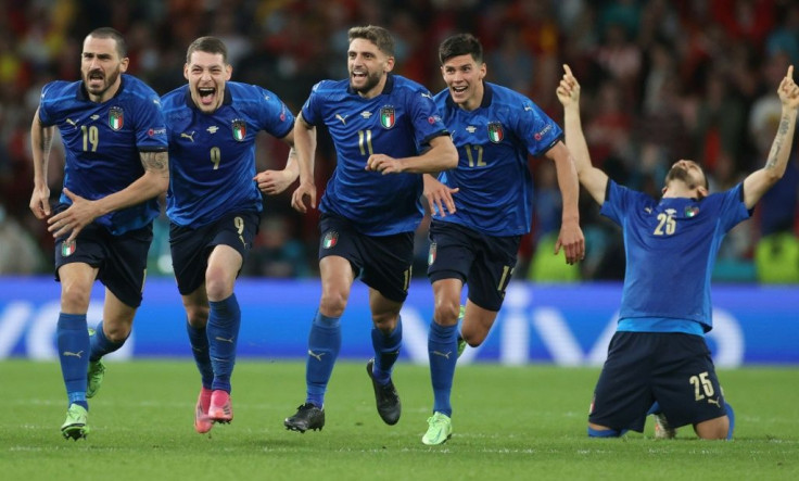 Italy celebrate victory against Spain in their Euro 2020 semi-final at Wembley