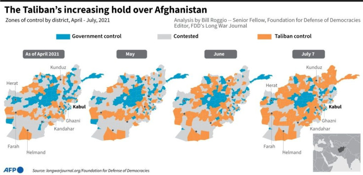 Map showing parts of Afghanistan under government control and territories under the influence of the Taliban, from April till July.