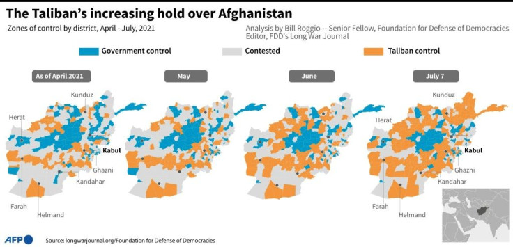 Map showing parts of Afghanistan under government control and territories under the influence of the Taliban, from April till July.