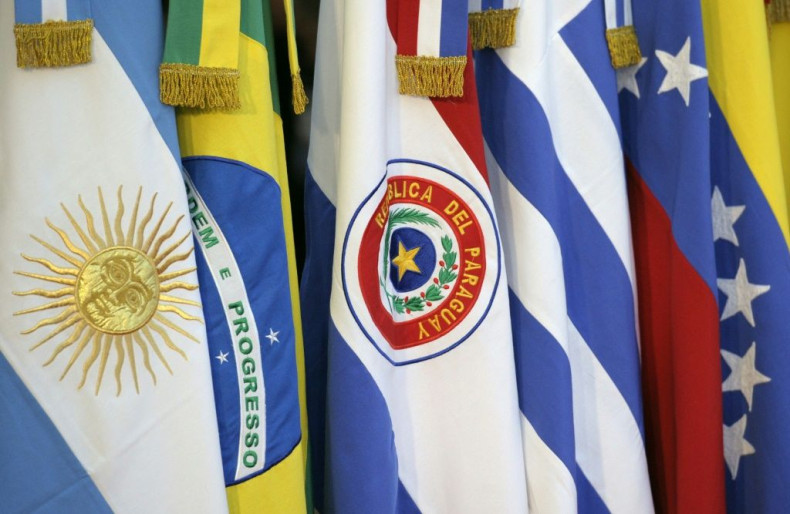 The flags of the Mercosur trade bloc member countries were displayed at the XLIII Mercosur presidential summit in Mendoza, Argentina in 2012