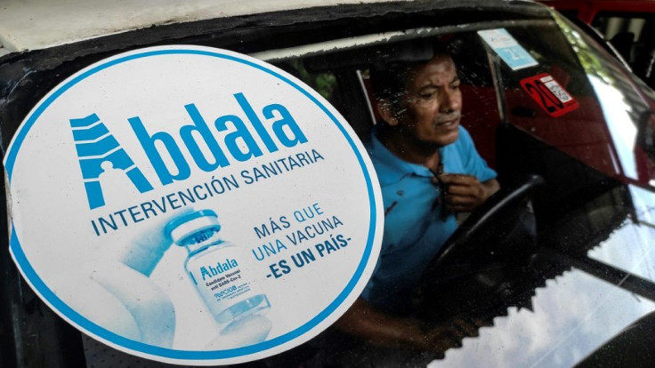 A sticker of the Cuban coronavirus vaccine Abdala on the windshield of a car in Havana on July 9, 2021