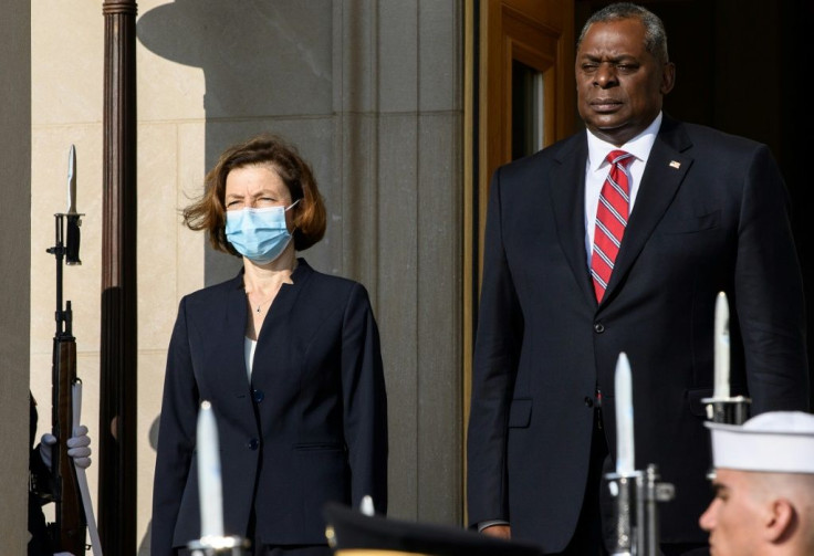 US Defense Secretary Lloyd Austin greets French Defense Minister Florence Parly for talks at the Pentagon