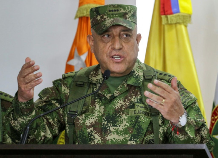General Commander of the Military Forces of Colombia, Luis Fernando Navarro Jimenez, speaks during a press conference in Bogota, on July 9, 2021