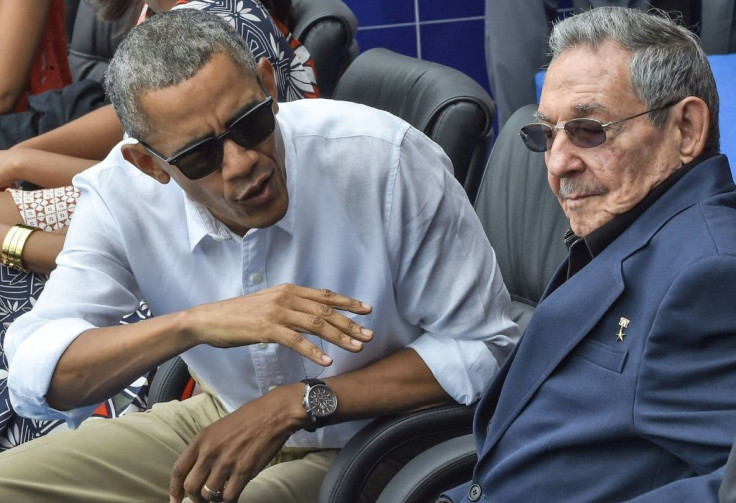 Then US President Barack Obama speaks next to his counterpart Raul Castro during a Major League baseball exhibition game on a historic March 2016 trip to Cuba