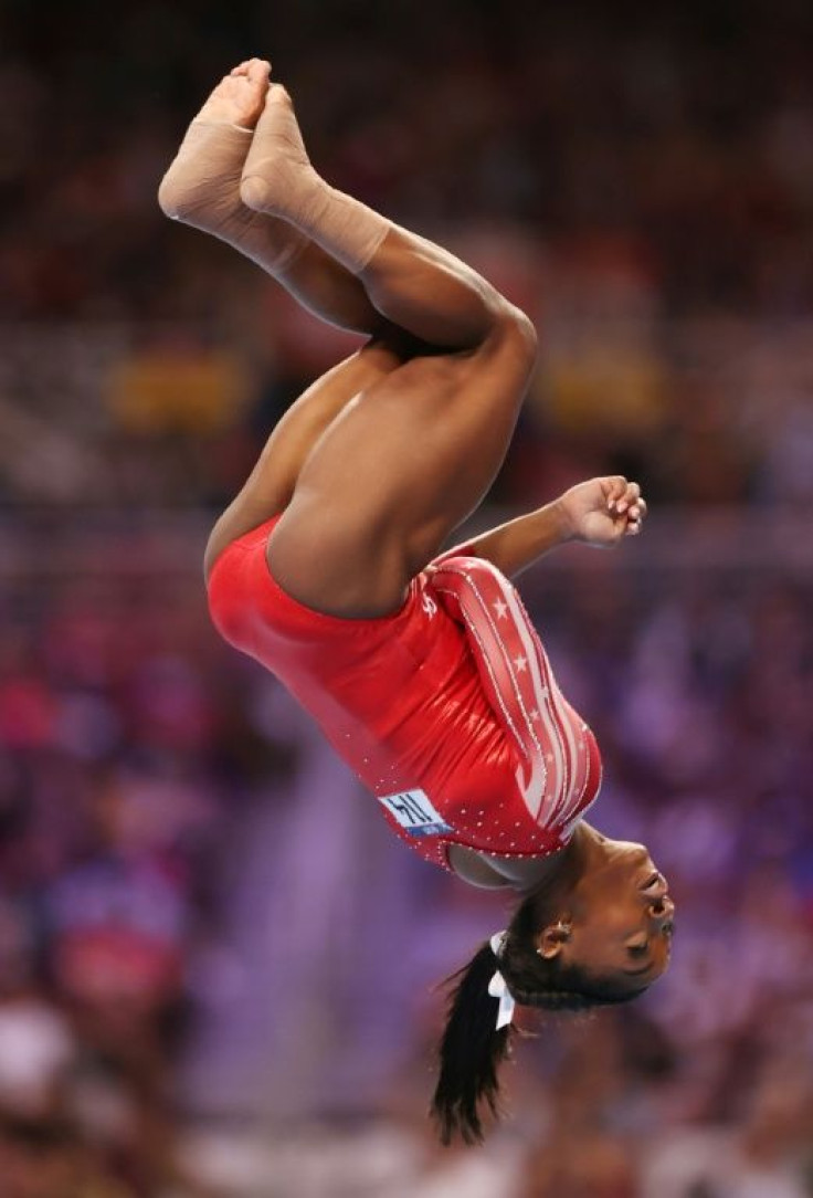 Gravity-defying: Biles competes at the US Olympic trials last month