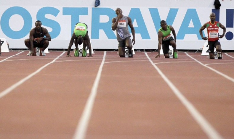Athletes prepare for the 100 meters men's race at the IAAF World Challenge Ostrava Golden Spike meeting in Ostrava May 31, 2011.