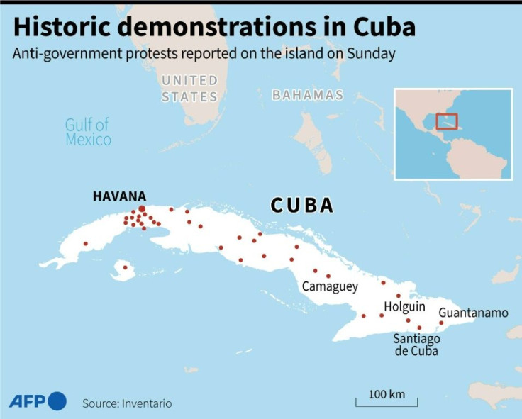 Map of Cuba showing the location of Sunday's historic anti-government protests
