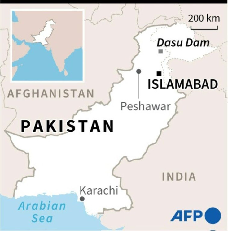 Map of Pakistan locating the Dasu dam site in Kyber Pakhtunkhwa, where workers were heading July 14 when a blast on their bus left 13 people, including 9 Chinese nationals dead.