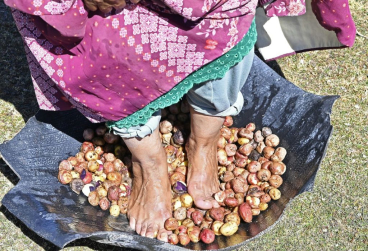 A woman stomps on potatoes to begin the dehydration process of chuno in Machacamarca, Bolivia, on June 30, 2021