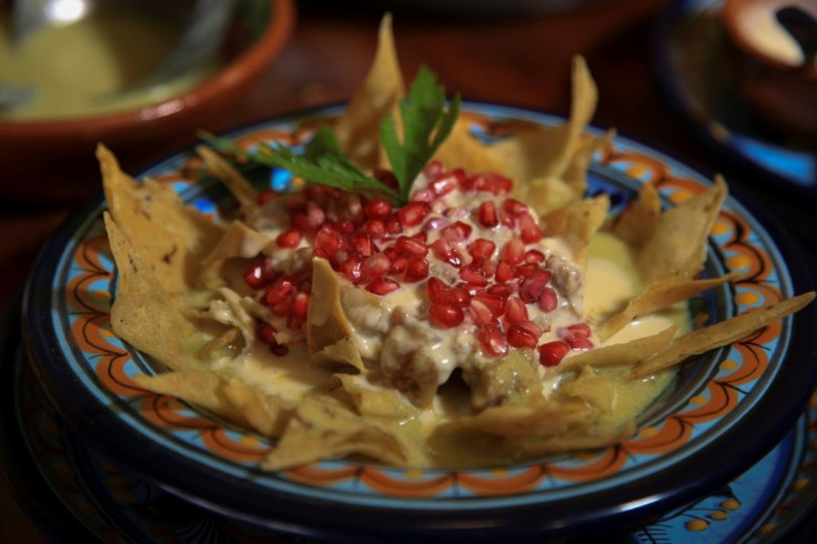 A chilaquiles version of chile en nogada with tortilla chips