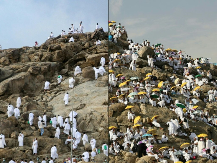 A smattering of Muslim pilgrims pray on Mount Arafat during the climax of the hajj in July, 2020 (L) and during the 2018 Hajj (R)
