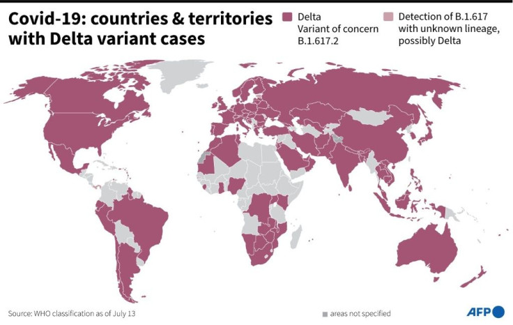 Map showing countries and territories where the Delta variant of the coronavirus (SARS-CoV-2 B.1.617.2) has been detected, according to WHO as of July 13.