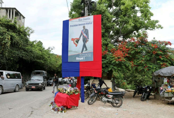 A tribute to late Haitian President Jovenel Moise is seen outside his home in Port-au-Prince