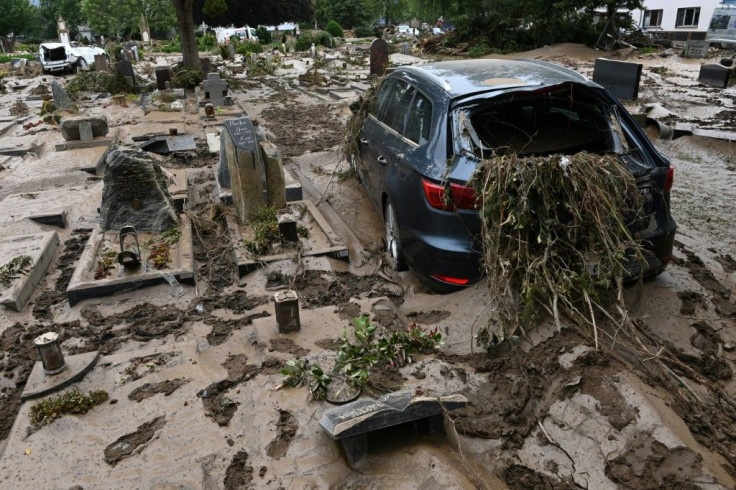 A destroyed car in a cemetery in the Germany town of Bad Neuenahr-Ahrweiler