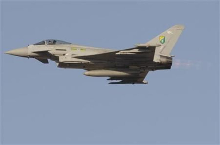 An Eurofighter Typhoon aircraft performs during the Dubai air show