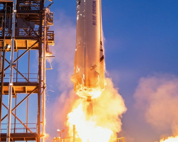 Blue Origin's New Shepard rocket burns liquid hydrogen and liquid oxygen, which combusts as water vapor