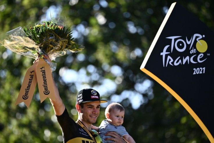 Wout van Aert of Belgium celebrates his third win on the Tour