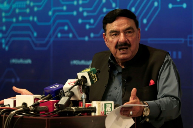 Pakistan's Interior Minister Sheikh Rashid talks to reporters in Islamabad about the brief abduction of the daughter of the Afghan ambassador to Pakistan on July 18, 2021