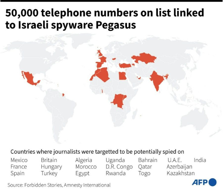 Map showing countries where journalists were targetted to be potentially spied on with the spyware Pegasus.
