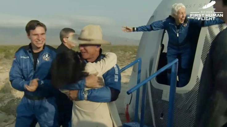 Jeff Bezos (C), Wally Funk (R) and Oliver Daemen (L) after Blue Origin's reusable New Shepard craft capsule returned from space, safely landing on July 20, 2021, in Van Horn, Texas