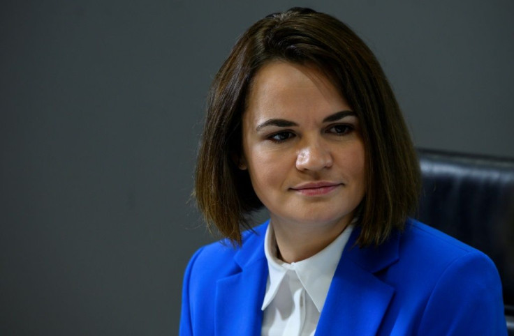 Belarusian opposition leader Svetlana Tikhanovskaya speaks with reporters of the State Department Correspondents' Association