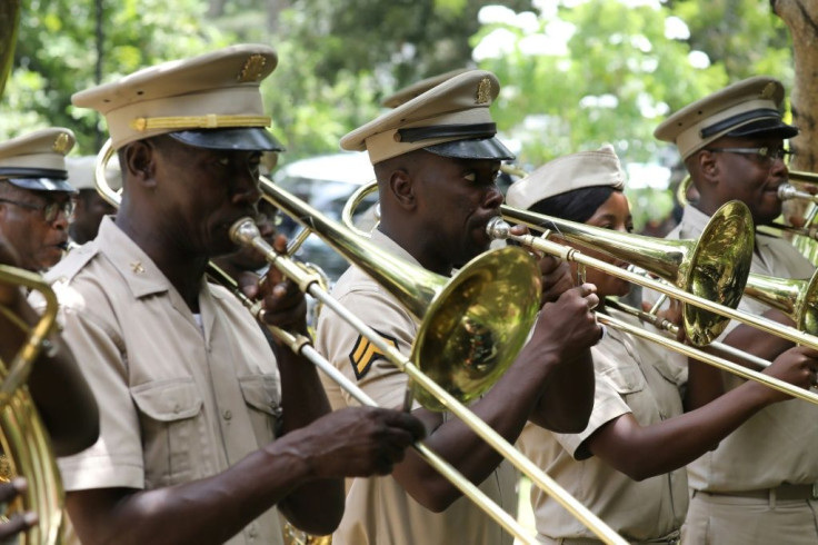 Musicians play the National Anthem during the ceremony for late Haitian president Jovenel Moise