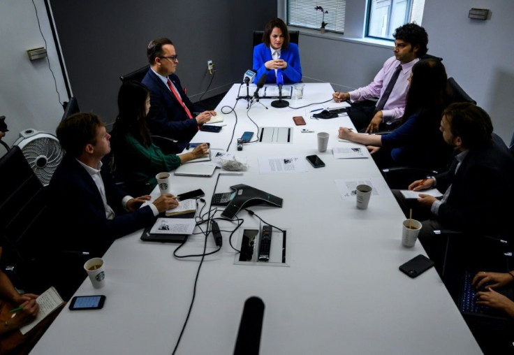 Belarusian opposition leader Svetlana Tikhanovskaya speaks with journalists of the State Department Correspondents' Association