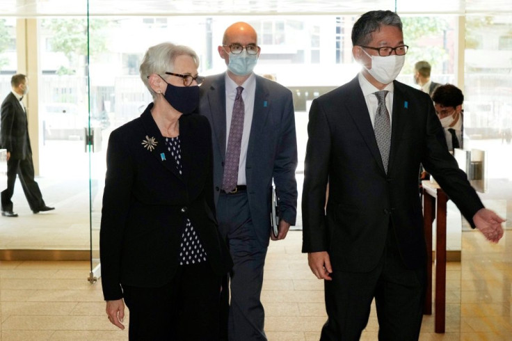 US Deputy Secretary of State Wendy Sherman is escorted by Japan's Vice Minister for Foreign Affairs Takeo Mori in Tokyo