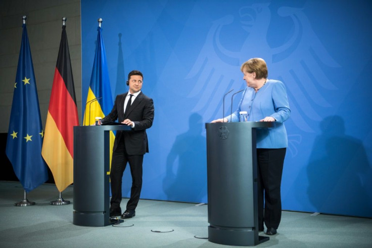 German Chancellor Angela Merkel and Ukrainian President Volodymyr Zelensky meet in Berlin on July 12, 2021 amid disagreements on the Nord Stream 2 pipeline