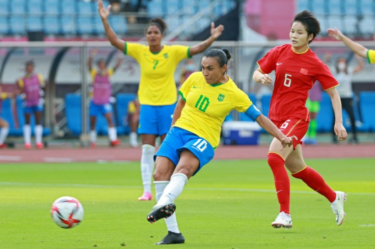 Landmark goal: Brazil's Marta scores the opening goal against China in in Miyagi
