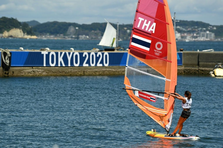 A competitor from Thailand heads out on her windsurfer board to practise ahead of the Tokyo 2020 Olympic Games sailing competition at Enoshima Yacht Harbour in Fujisawa, Kanagawa Prefecture