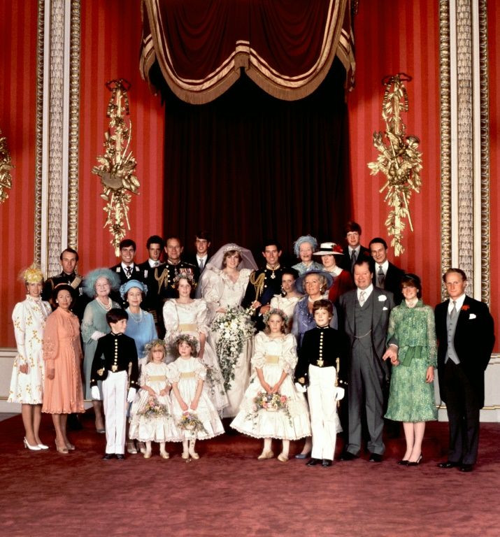 The official British royal family wedding day photo of Prince Charles (C-R) and Lady Diana Spencer (C-L), the Princess of Wales