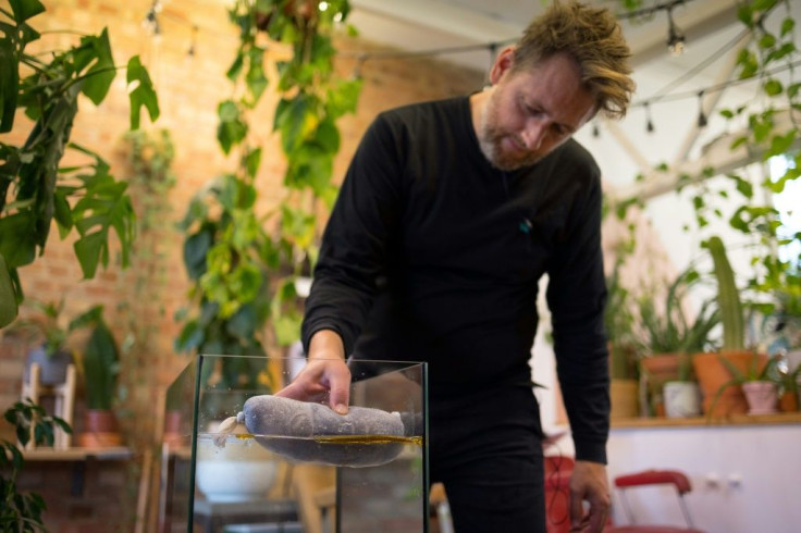 Co-founder of the Green Salon Collective Fry Taylor shows how a cotton net stuffed with hair, swept across the surface of a tank of water contaminated with motor oil, instantly cleans up the pollutant