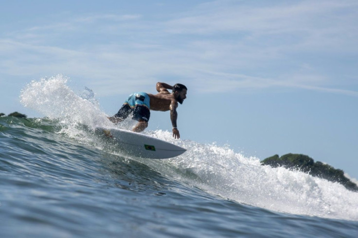 Brazil's Italo Ferreira rides a wave during a training session at the Tsurigasaki Surfing Beach