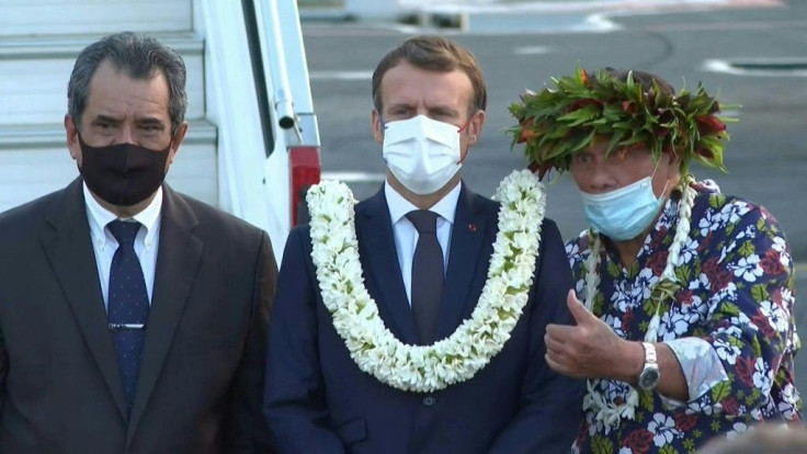 French President Emmanuel Macron arrives on the island of Tahiti for a four-day trip to French Polynesia