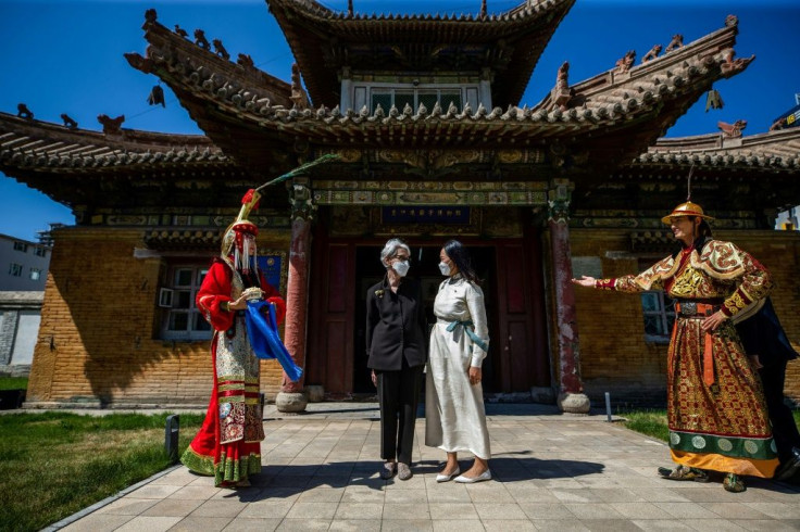 US Deputy Secretary of State Wendy Sherman (left) visits the Choijin Lama Temple Museum in Ulaanbaatar, Mongolia, ahead of talks in China