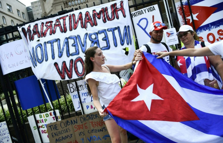 Crowds gather outside the Cuban embassy in Washington in support of anti-government protests in Cuba