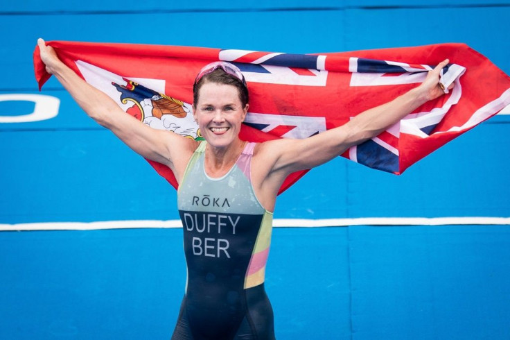 Bermuda's Flora Duffy celebrates winning gold in the women's triathlon at the Tokyo Olympics