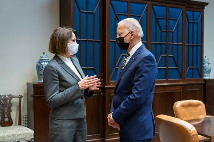 In this photo released by the White House, US President Joe Biden meets with Belarus opposition leader Svetlana Tikhanovskaya at the White House on July 28, 2021