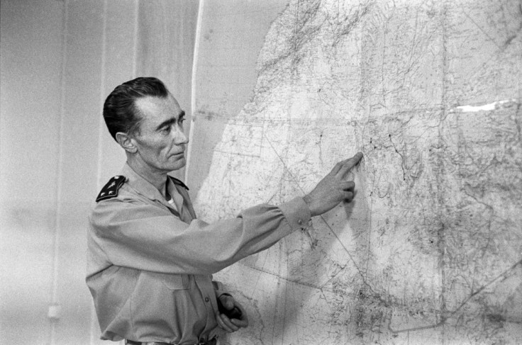 French General Jean Thiry speaks to journalists in 1960 about the third French nuclear test in the Algerian Sahara, the operation called "Gerboise rouge"