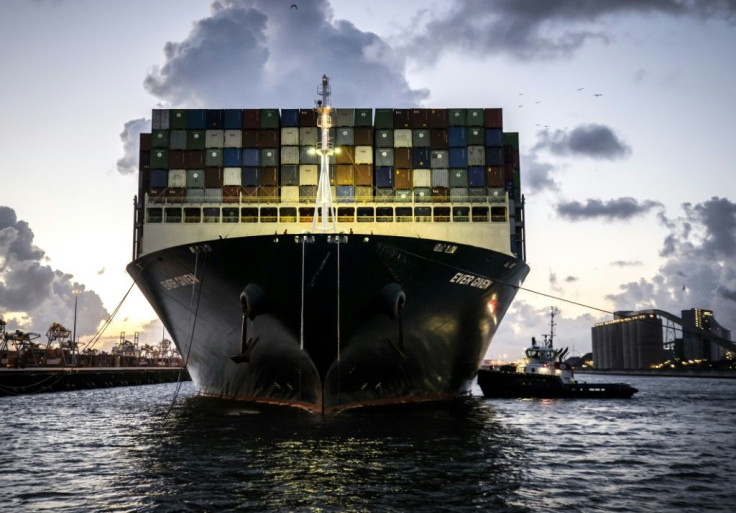 The container ship Ever Given, seen here arriving in the port of Rotterdam on Thursday, was wedged in the Suez Canal for six days, blocking traffic through the key shipping route