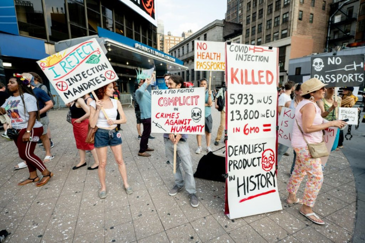 Anti-vaccination activists protest in New York City on June 20, 2021